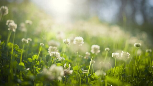 White clover flowers and grass field and morning summer sun