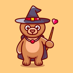 Halloween cute bear wizard with hat, cloak, love and wand