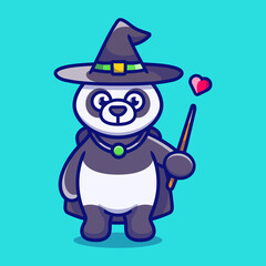Halloween cute panda wizard with hat, cloak, love and wand