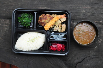 Japanese Curry Rice with Hamburg and Fried Shrimp in a tray set