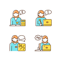 Female assistant RGB color icons set. Customer support. Accountant. Receptionist. Employee staff. Company workers team. Isolated vector illustrations. Simple filled line drawings collection
