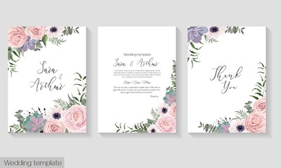 Vector floral template for wedding invitation. Pink roses, anemones, succulents, berries, green leaves and plants. 