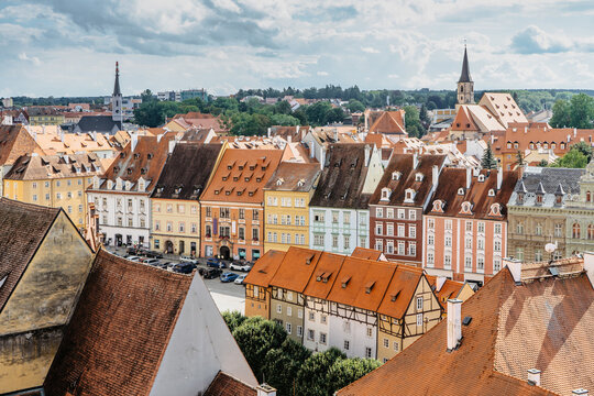 Cheb, Czech Republic. Town in Western Bohemia on river Ohre.Aerial panoramic view of Market Place with colorful Gothic houses from 13th century.Medieval cobblestone square with merchants' buildings.