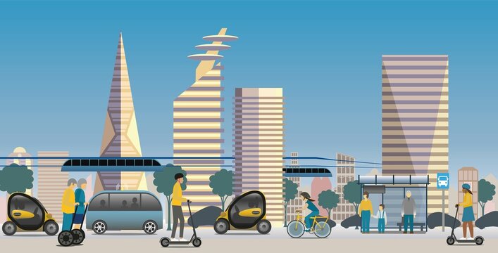 Renewable Electric Transport In A Modern City View. Electric Scooters,  Bike, Self-Balancing Electric Transporters,  Monorail Trains, Autonomous Public Transport And Vehicles. 