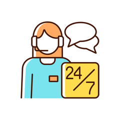 Customer support RGB color icon. Clients assistance. Answer call. Person with headset. Online consultant. Customer and business interaction. Isolated vector illustration. Simple filled line drawing