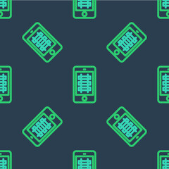 Line Online ticket booking and buying app interface icon isolated seamless pattern on blue background. E-tickets ordering. Electronic train ticket on screen. Vector