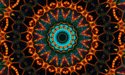 Glowing orange Star on jade Background. Magic shape. Kaledoscope pattern for manufacturing of packaging, scrapbooking, gift wrapping, books, booklets, albums