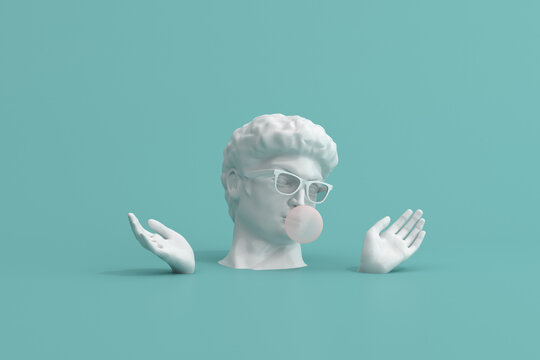 Minimal scene of sunglasses on human head sculpture with pink bubble gum on green background, 3d rendering.
