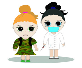 children's cute cartoon illustration, in which a girl doctor in a mask vaccinates another girl
