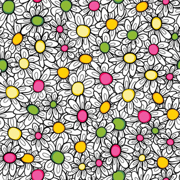 Vector black and white outlines fun daisy flowers repeat pattern with colourful polkodot center. Suitable for textile, gift wrap and wallpaper.