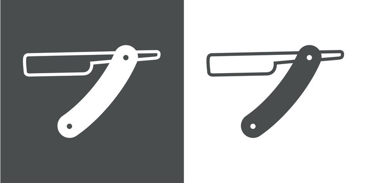 S&iacute;mbolo peluqueria. Logotipo navaja de afeitar con lineas en fondo gris y fondo blanco