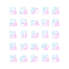 Sensitive information types gradient linear vector icons set. Cybersecurity measure. Unauthorized disclosure prevention. Thin line contour symbols bundle. Isolated outline illustrations collection