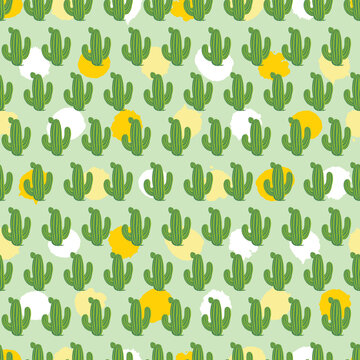 Vector green cartoon cactus repeat pattern with yellow polka dots background. Suitable for textile, gift wrap and wallpaper.