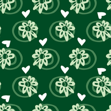 Vector simple rows of green cut out daisy flowers repeat pattern 06 with swirl background. Suitable for textile, gift wrap and wallpaper.