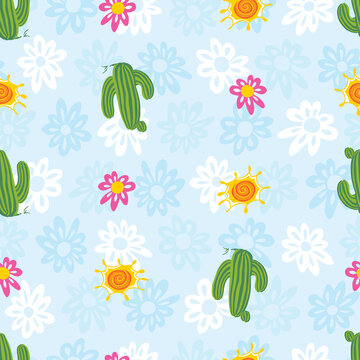 Vector blue cute spaced out simple cactus and daisy flowers seamless repeat pattern with floral background. Suitable for textile, gift wrap and wallpaper.