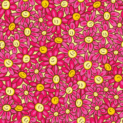 Vector pink doodle cute happy smiley face daisy flowers seamless repeat pattern. Suitable for textile, gift wrap and wallpaper.
