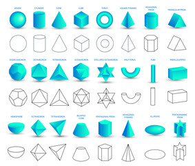 Set of realistic 3D blue geometric shapes isolated on white background. Mathematics of geometric shapes, linear objects, contours. Platonic solid. Icons, logos for education, business, design - obrazy, fototapety, plakaty