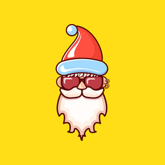 Santa Claus head with Santa red hat and hipster sunglasses isolated on yellow Christmas background. Santa label or sticker design
