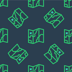 Line Folded map icon isolated seamless pattern on blue background. Vector