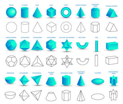 Set of realistic 3D blue geometric shapes isolated on white background. Mathematics of geometric shapes, linear objects, contours. Platonic solid. Icons, logos for education, business, design