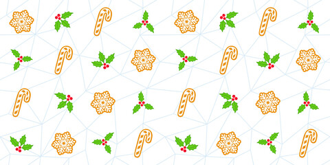 Christmas treats, cookies, gingerbread, mistletoe and Christmas Holly berries on a white polygonal background. Vector seamless pattern for Christmas and New Year design, packaging, giftwrap and print