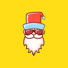 Santa Claus head with Santa red hat and hipster sunglasses isolated on yellow Christmas background. Santa label or sticker design
