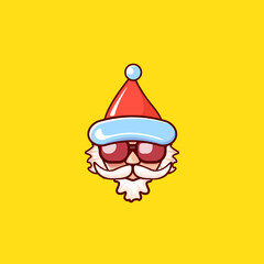 Santa Claus head with Santa red hat and hipster sunglasses isolated on yellow Christmas background. Santa label or sticker design