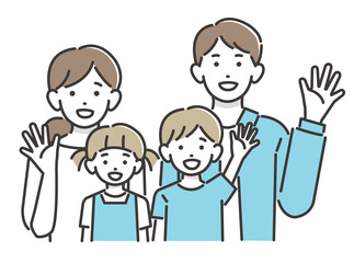 笑顔で手を振る、若い家族のベクターイラスト素材／シンプル／子供／夫婦