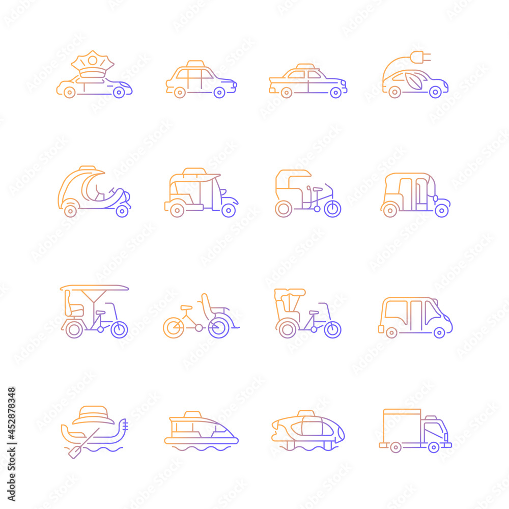 Wall mural Taxi types gradient linear vector icons set. Transporting clients. Taxicab vehicle. Cycle rickshaw. Urban transport. Thin line contour symbols bundle. Isolated outline illustrations collection