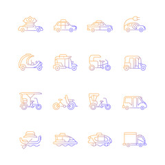 Taxi types gradient linear vector icons set. Transporting clients. Taxicab vehicle. Cycle rickshaw. Urban transport. Thin line contour symbols bundle. Isolated outline illustrations collection