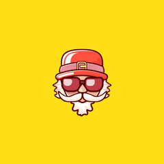 Santa Claus head with Santa red hat and hipster sunglasses isolated on yellow Christmas background. Santa label or sticker design