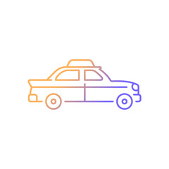 Retro taxi car gradient linear vector icon. Taxicab vehicle. Chauffeur-driven transportation. Checker taxi. Thin line color symbol. Modern style pictogram. Vector isolated outline drawing