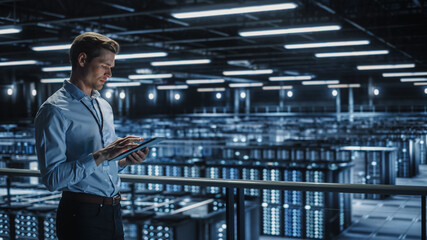Portrait of IT Specialist Uses Tablet Computer in Data Center. Server Farm Cloud Computing Facility...