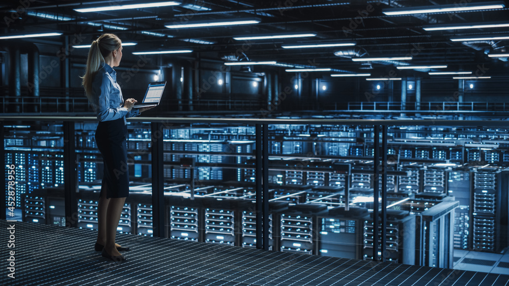 Poster Data Center Female It Specialist Using Laptop. Server Farm Cloud Computing and Cyber Security Maintenance Administrator Running Diagnostics on Computer. Information Technology Professional.