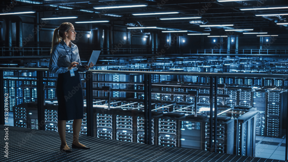 Poster Data Center Female It Specialist Using Laptop. Server Farm Cloud Computing and Cyber Security Maintenance Administrator Running Diagnostics on Computer. Information Technology Professional.
