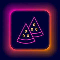 Glowing neon line Watermelon icon isolated on black background. Colorful outline concept. Vector