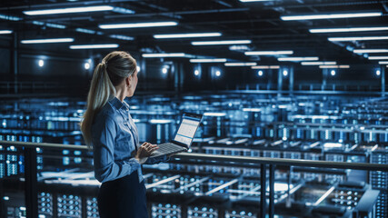 Data Center Female It Specialist Using Laptop. Server Farm Cloud Computing Facility with Beautiful Maintenance Administrator Working on Computer. Information Technology Professional.