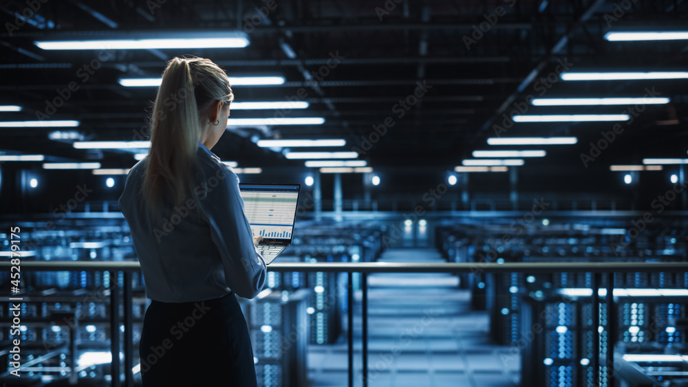 Poster Data Center Female IT Specialist Uses Laptop Computer. Cloud Computing Server Farm with IT Engineer Monitoring Statistic, Maintenance Control. Information Technology of Fintech, e-Business.