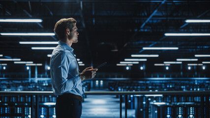 Handsome Smiling IT Specialist Using Tablet Computer in Data Center. Succesful Businessman and e-Business Entrepreneur Working in Big Server Farm Cloud Computing Facility.