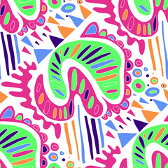 Seamless vector pattern with abstract modern doodles. Bright summer print. Trendy colorful background. Vintage geometric doodles.	