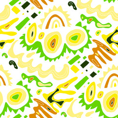 Seamless vector pattern with abstract modern doodles. Bright summer print. Trendy colorful background. Vintage geometric doodles.	