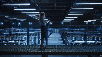 Female IT Specialist Using Tablet Computer in Data Center, Walking on a Bridge Overlooking Gigantic...