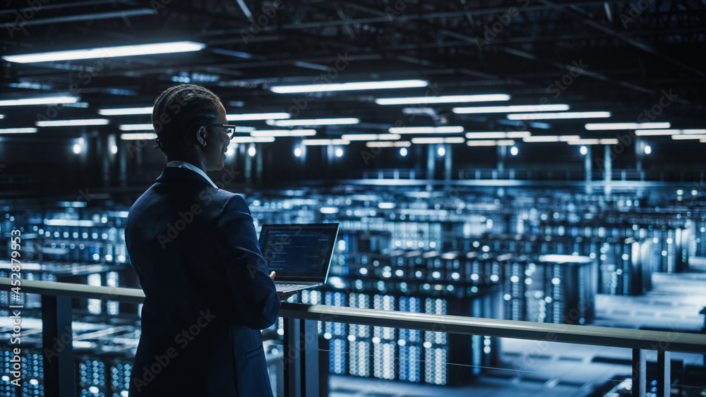 Aufkleber female it specialist using laptop computer in data center, walking on a bridge overlooking big serve