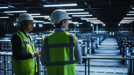 Data Center IT Specialist and System administrator Talk, Use Tablet Computer, Wearing Safety Wests....