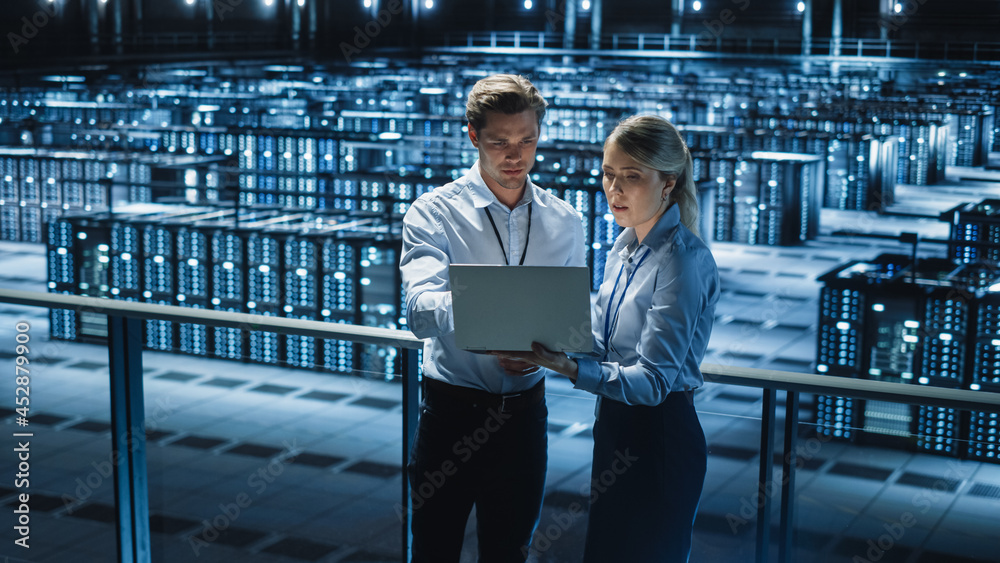 Aufkleber data center female e-business enrepreneur and male it specialist talk, use laptop. two information t