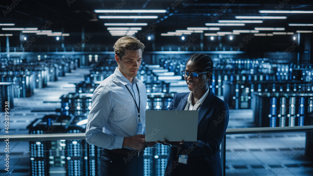Poster Data Center Female System Administrator and Male IT Specialist talk, Use Laptop. Information Technology Engineers work on Cyber Security Network Protection in Cloud Computing Server Farm.