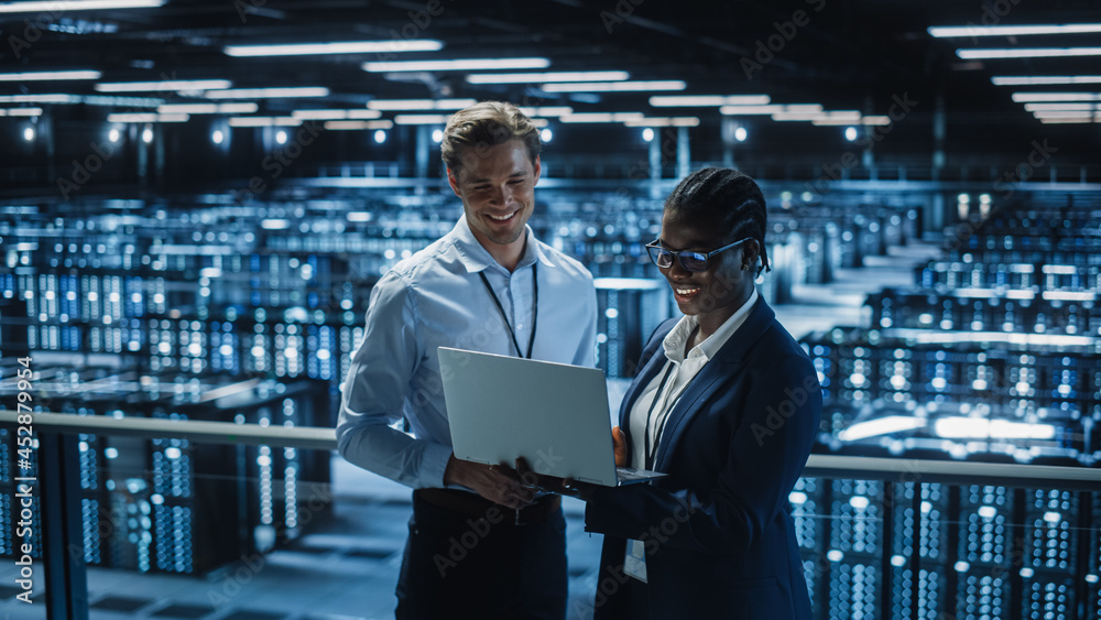 Poster data center female system administrator and male it specialist talk, use laptop. information technol
