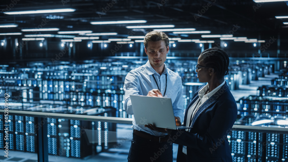 Poster data center female system administrator and male it specialist talk, use laptop. information technol