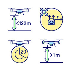Drone proper control RGB color manual label icons set. Altitude limit. Flight radius, time. Isolated vector illustrations. Simple filled line drawings collection for product use instructions