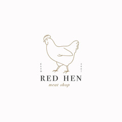 Vector design linear template logo or emblem - farm hen. Abstract symbol for meat shop or butchery.